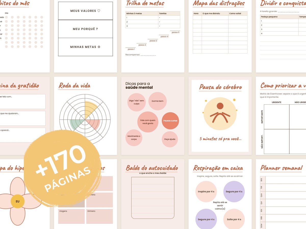 Páginas do Planner Mente Leve: mais de 170 páginas