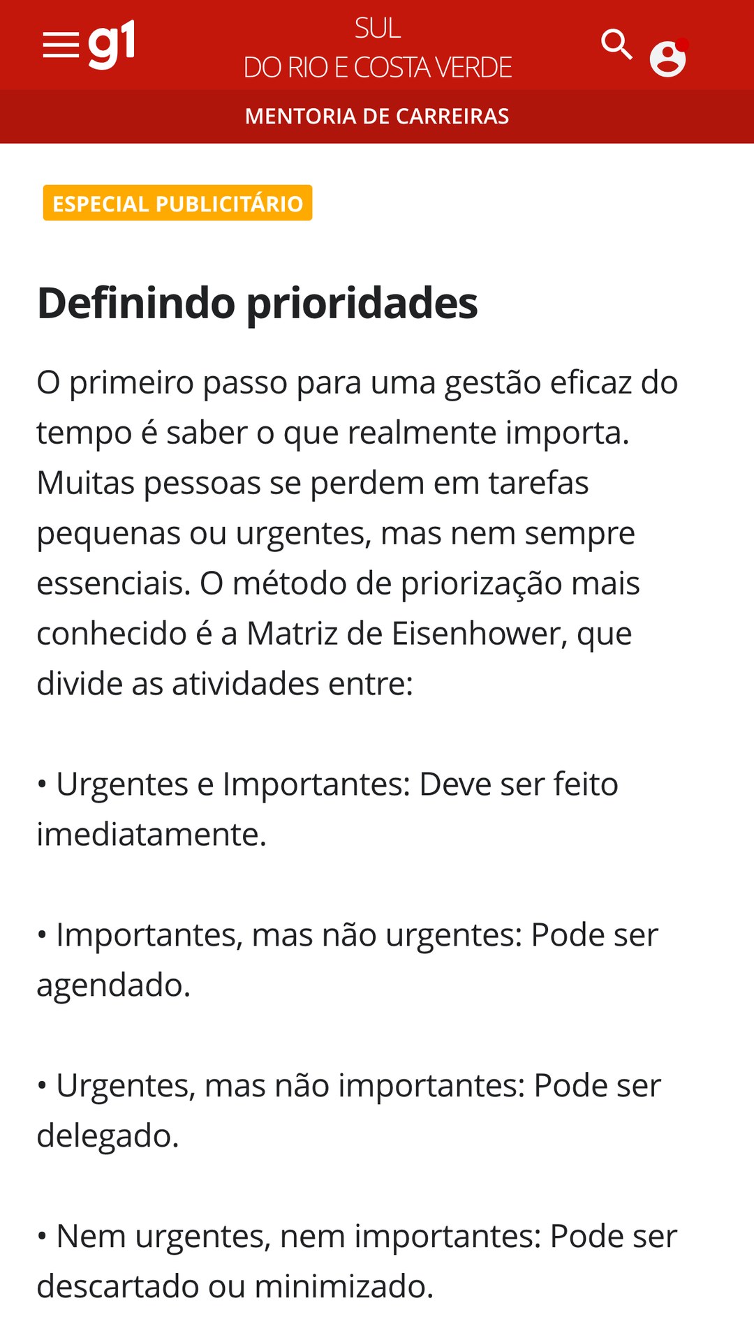 Matéria do g1 sobre gestão de tempo e a Matriz de Eisenhower